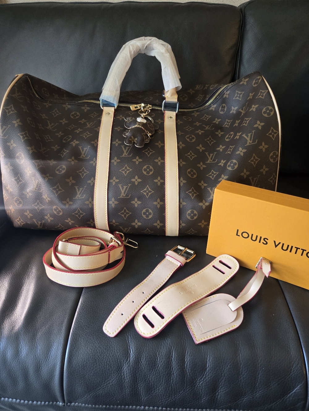 Monogram Duffle Bag 55cm with Vachetta Like Trim (NWT) (+4 Accessories)